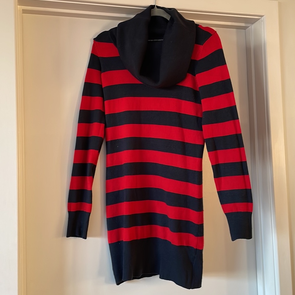 French Connection Red & Blue, Stripped Cowl Neck Sweater Dress - Size Small